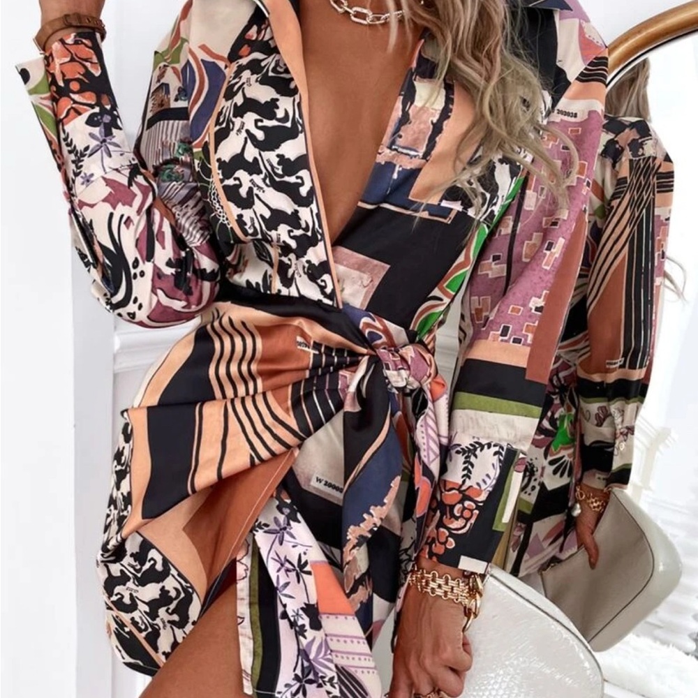 Mixed Print Side Tie Wrap Dress